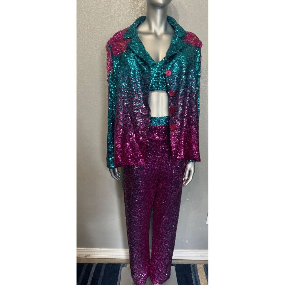 Sparkly Teal & Pink Sequin 3-Piece‎ Set - Bra 38DD Pants & Jacket - S/M